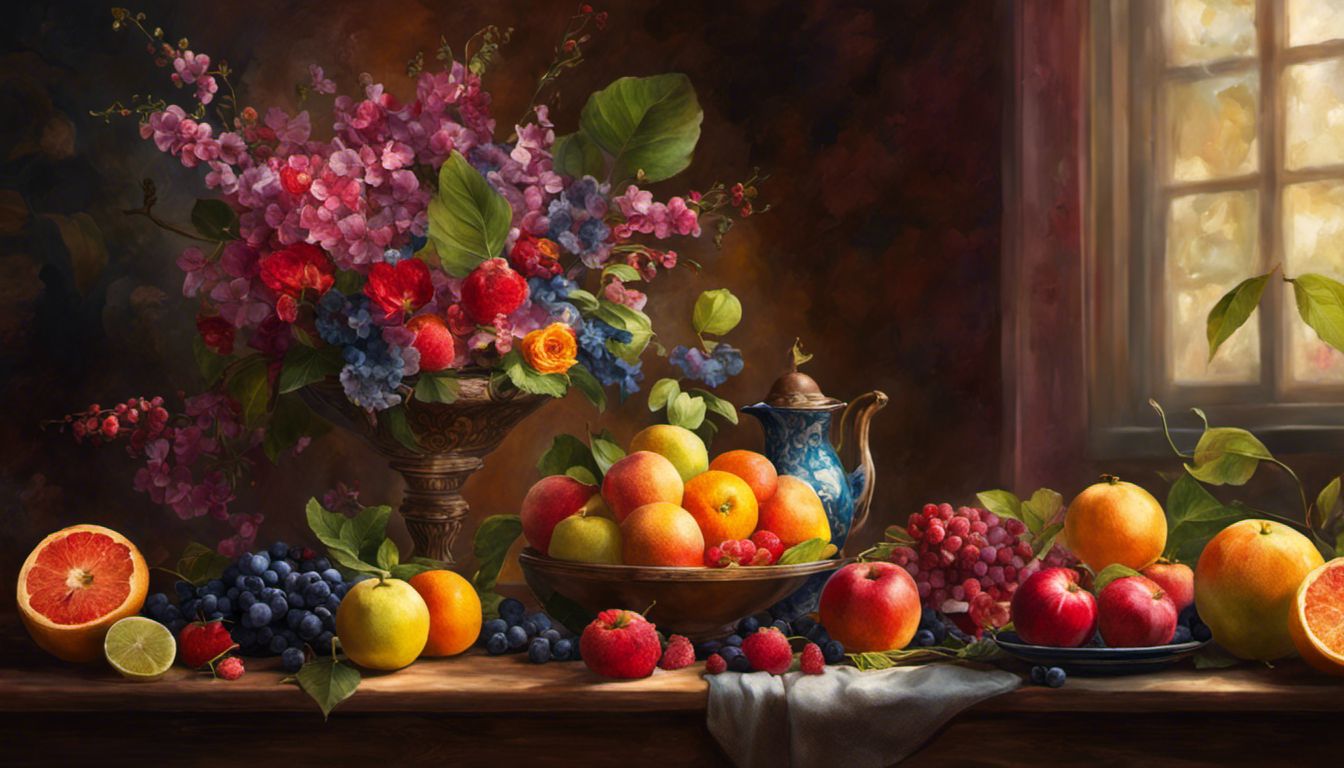 A colorful arrangement of fruits and flowers, emphasizing light and shadow to highlight textures and delicate petals.