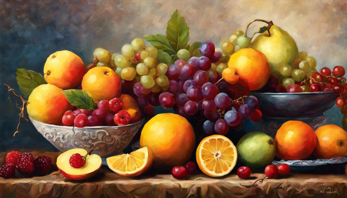 A lively still life painting showcasing an assortment of fruits in a vibrant and asymmetrical arrangement.