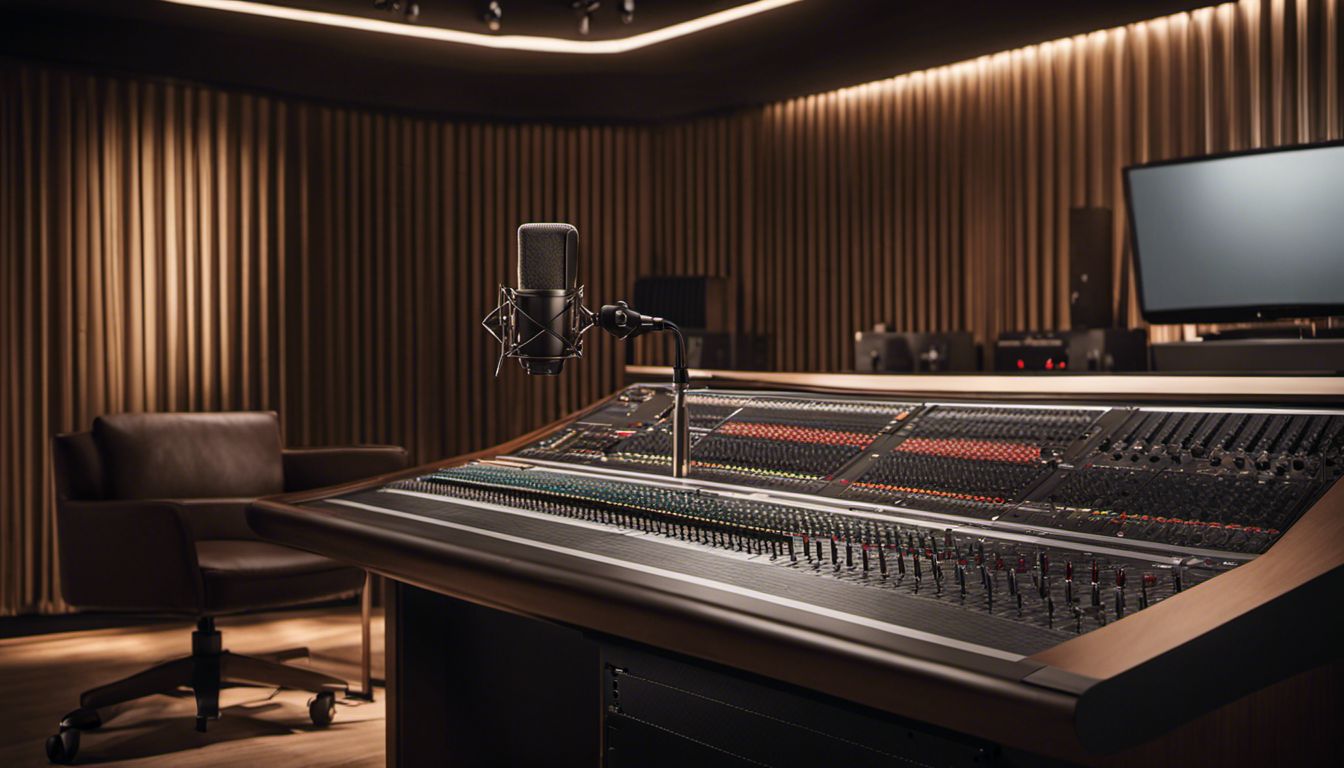 A sleek studio microphone and sound mixer await the artist's touch, capturing the perfect sound in a professional recording studio.