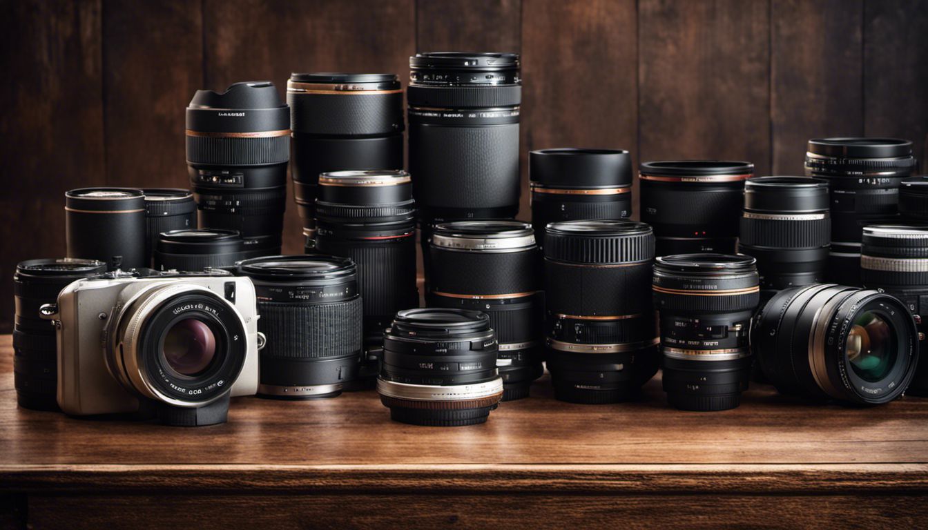 A collection of camera lenses displayed on a wooden table, highlighting their variety, inviting exploration into the world of photography.