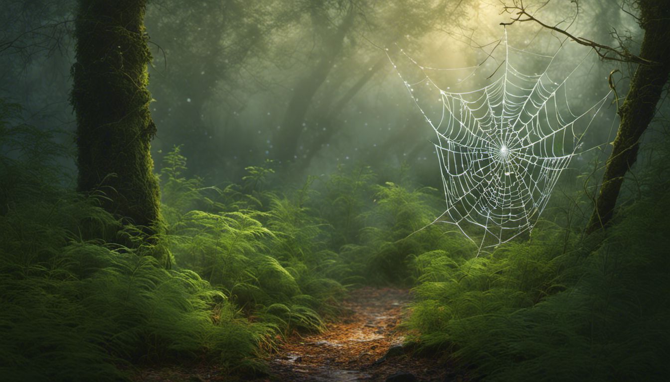 A spider web adorned with morning dew in a misty forest creates a tranquil and mysterious atmosphere.
