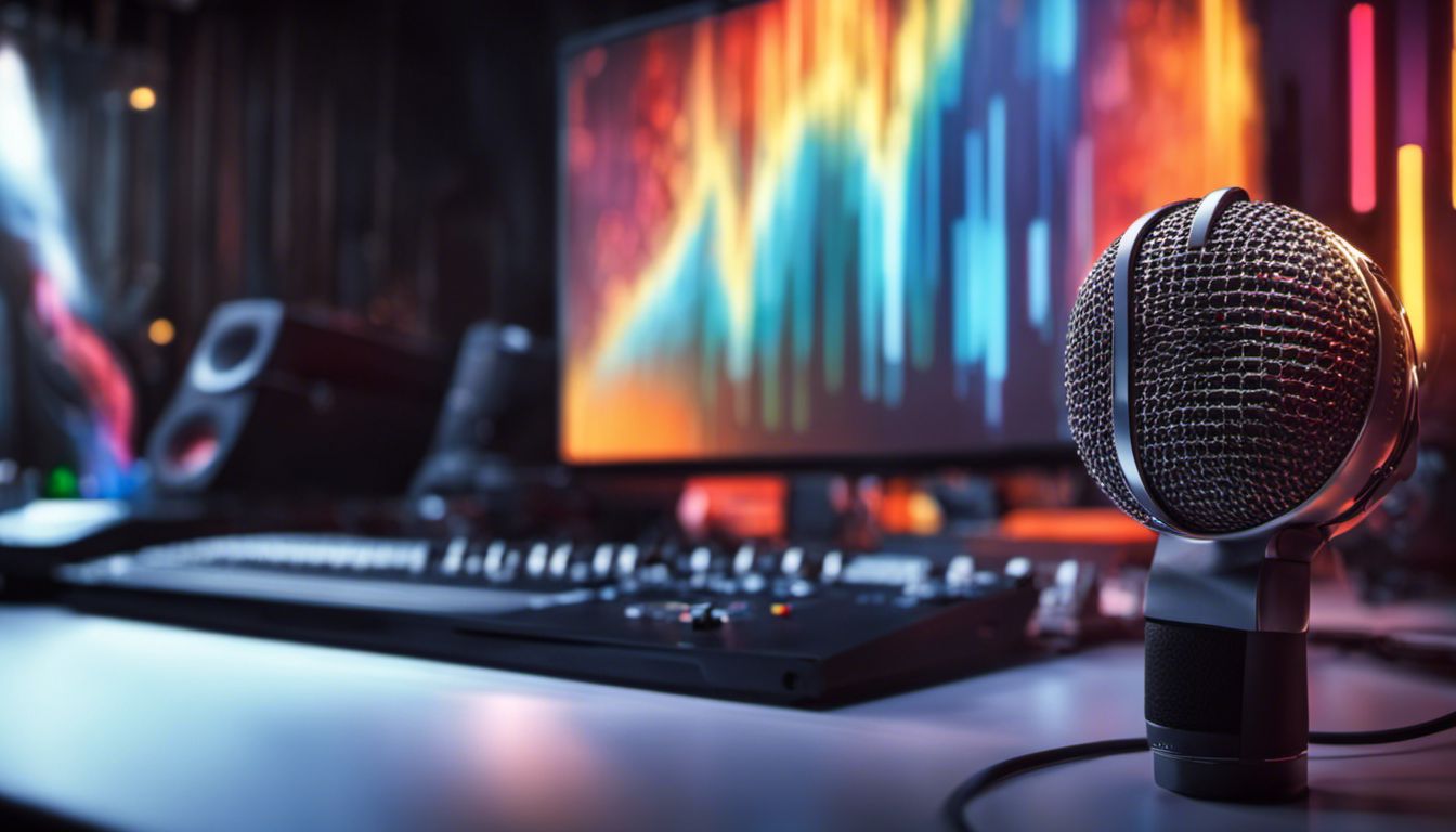 A vibrant microphone with audio waveforms displayed on a computer screen in a sleek and modern setup.