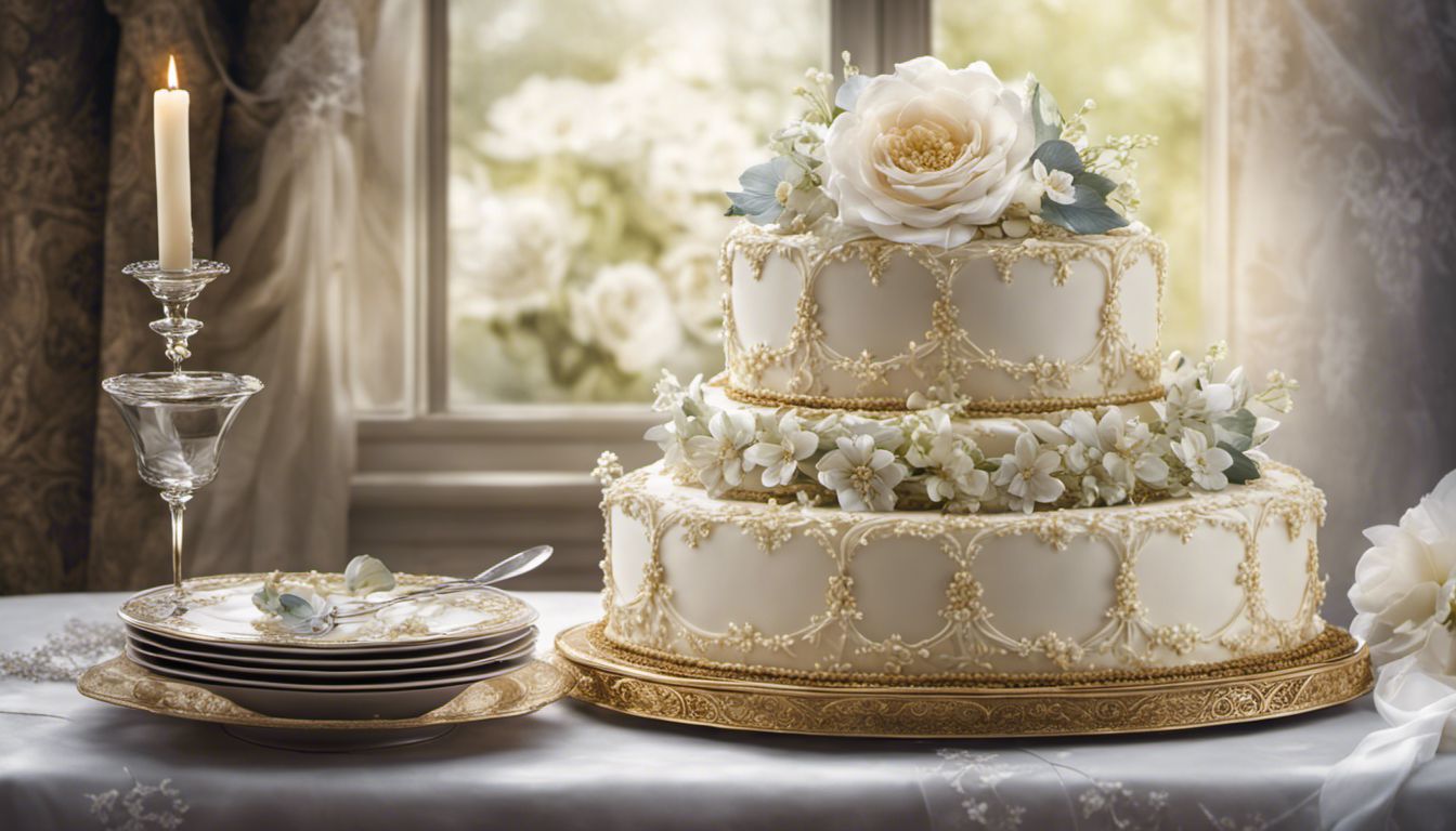 A stunning wedding cake surrounded by elegant tableware exudes sophistication in a still life photograph.