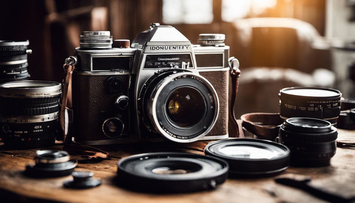 A vintage film camera surrounded by documentary filmmaking equipment, capturing real moments and stories without focusing on human faces.