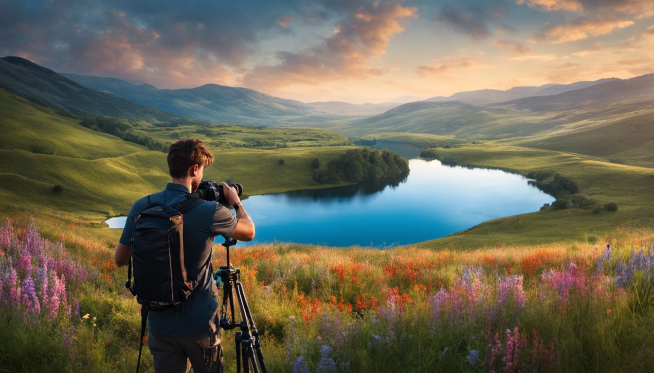 A camera on a tripod captures a picturesque landscape, highlighting the beauty of nature in landscape photography.