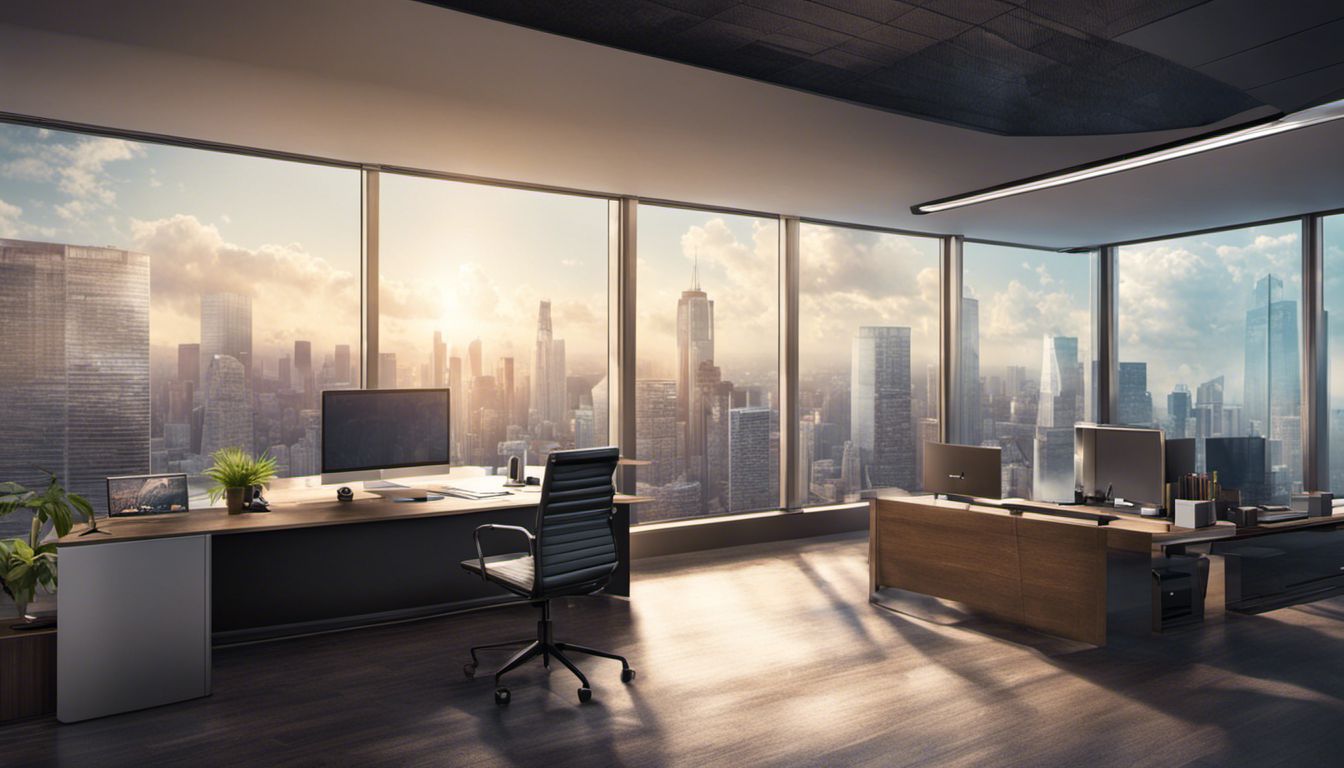 A modern office space showcases a video camera capturing the vibrant cityscape through a large window.