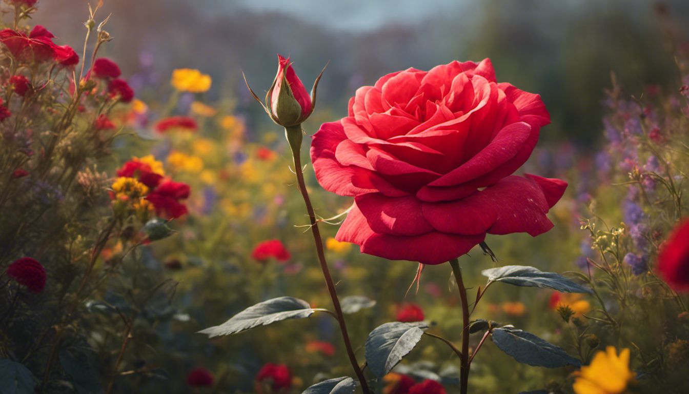 A solitary red rose stands proudly among a beautiful landscape of wildflowers, showcasing its strength and elegance.