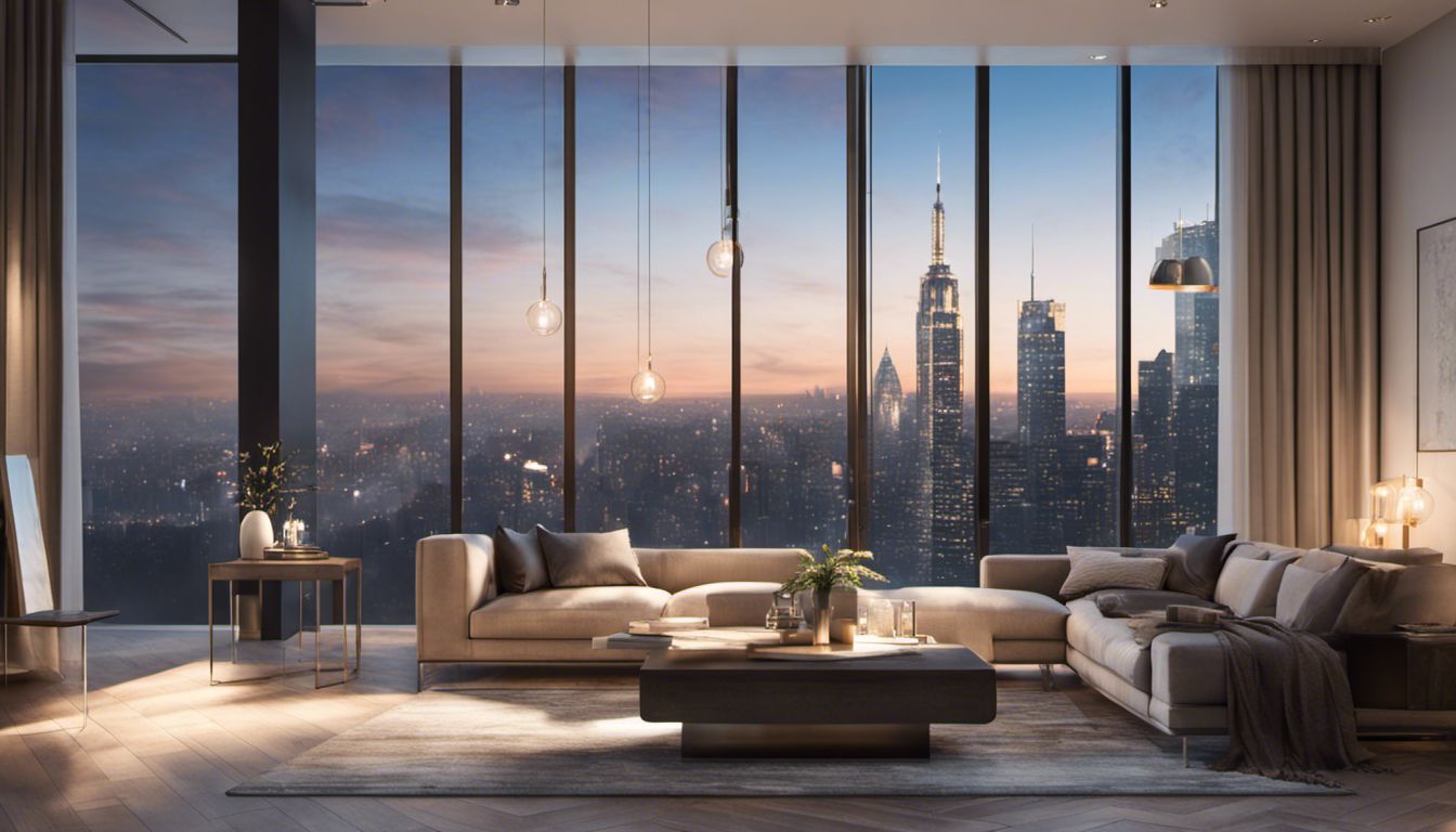A modern living room with floor-to-ceiling windows offers a stunning city skyline view and elegant minimalist furniture.