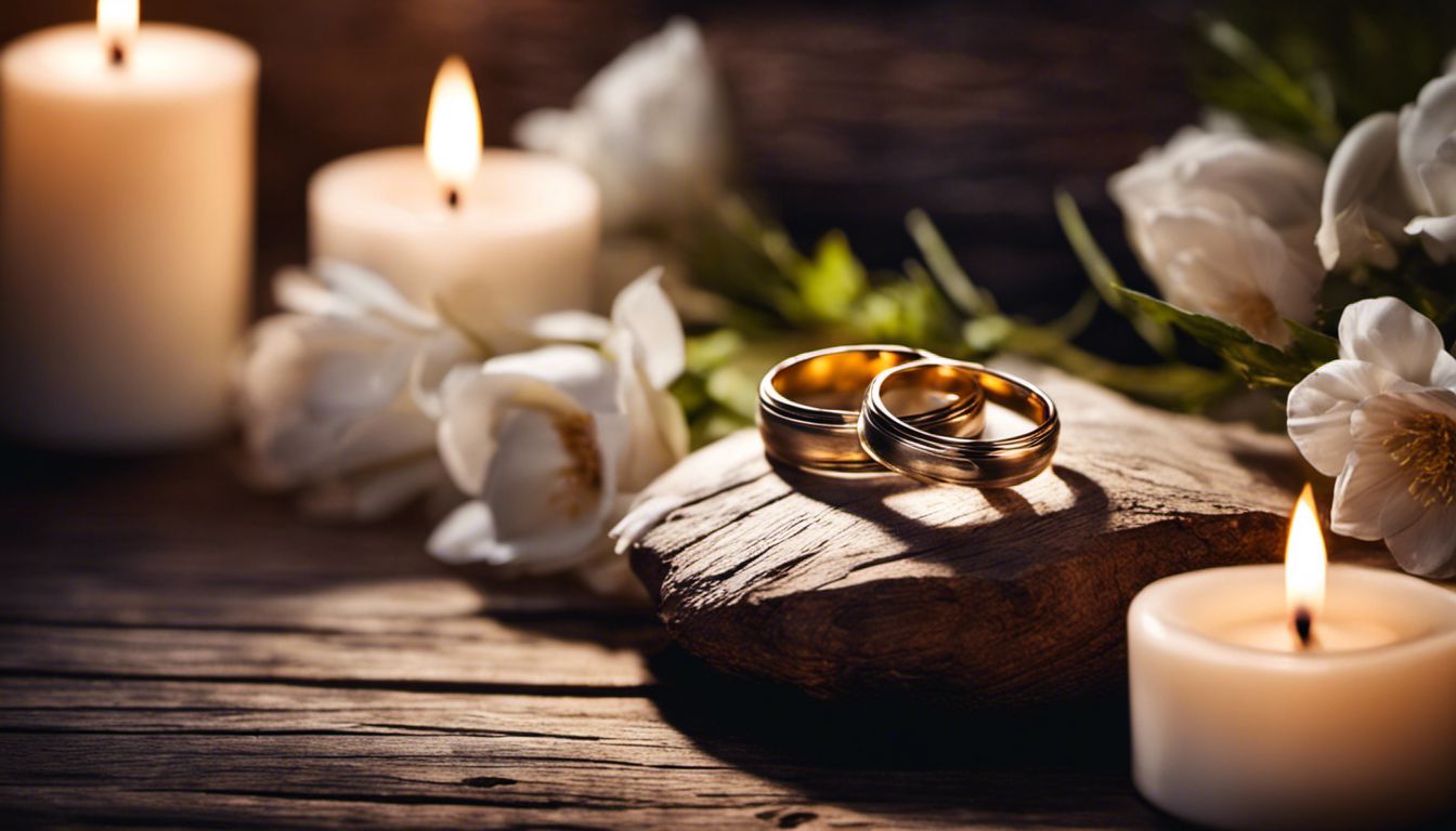 Wedding rings placed on a wooden table, surrounded by candles and flowers, symbolizing eternal love and commitment.