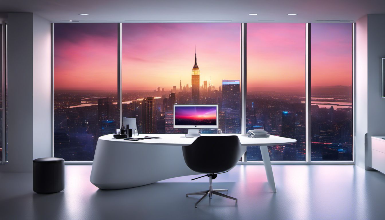 A modern logo displayed on a computer monitor in a sleek office setting with a city skyline view at dusk.