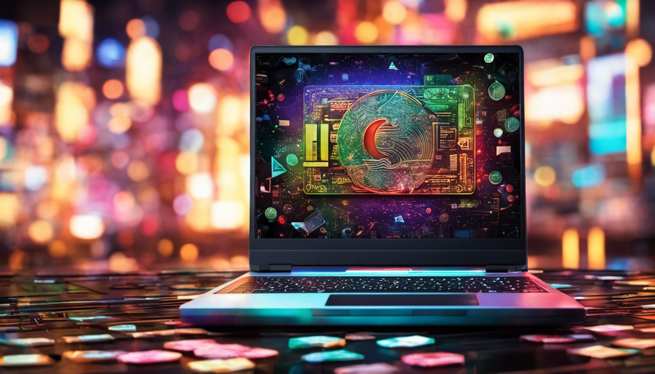 A laptop showcasing a money icon surrounded by web design tools and highlighted by pixelated technology photography.