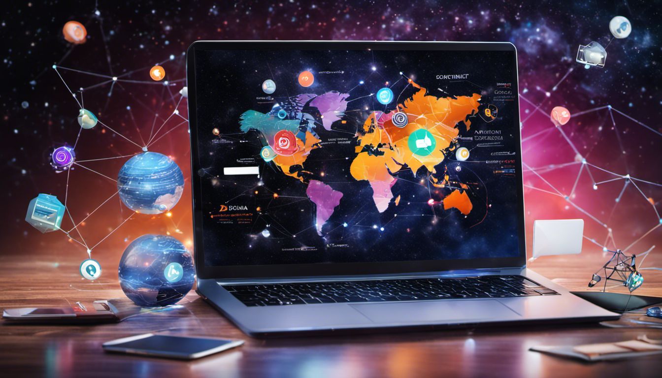 A laptop is depicted as the gateway to success in a digital marketing universe with icons representing various online marketing tools and strategies.