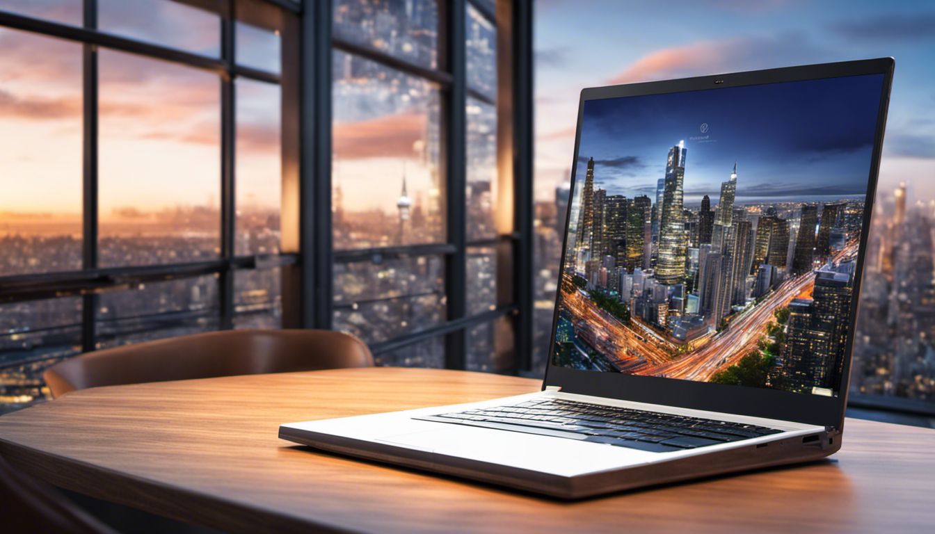 A laptop in a modern urban workspace is contrasted with a serene nature landscape on its screen.