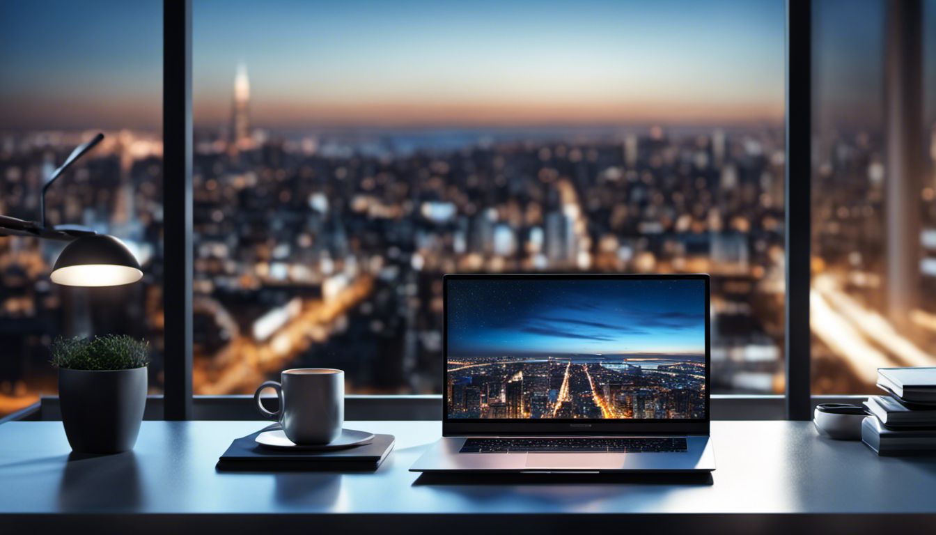 A laptop on a glass desk in a modern office with a stunning cityscape view at night.