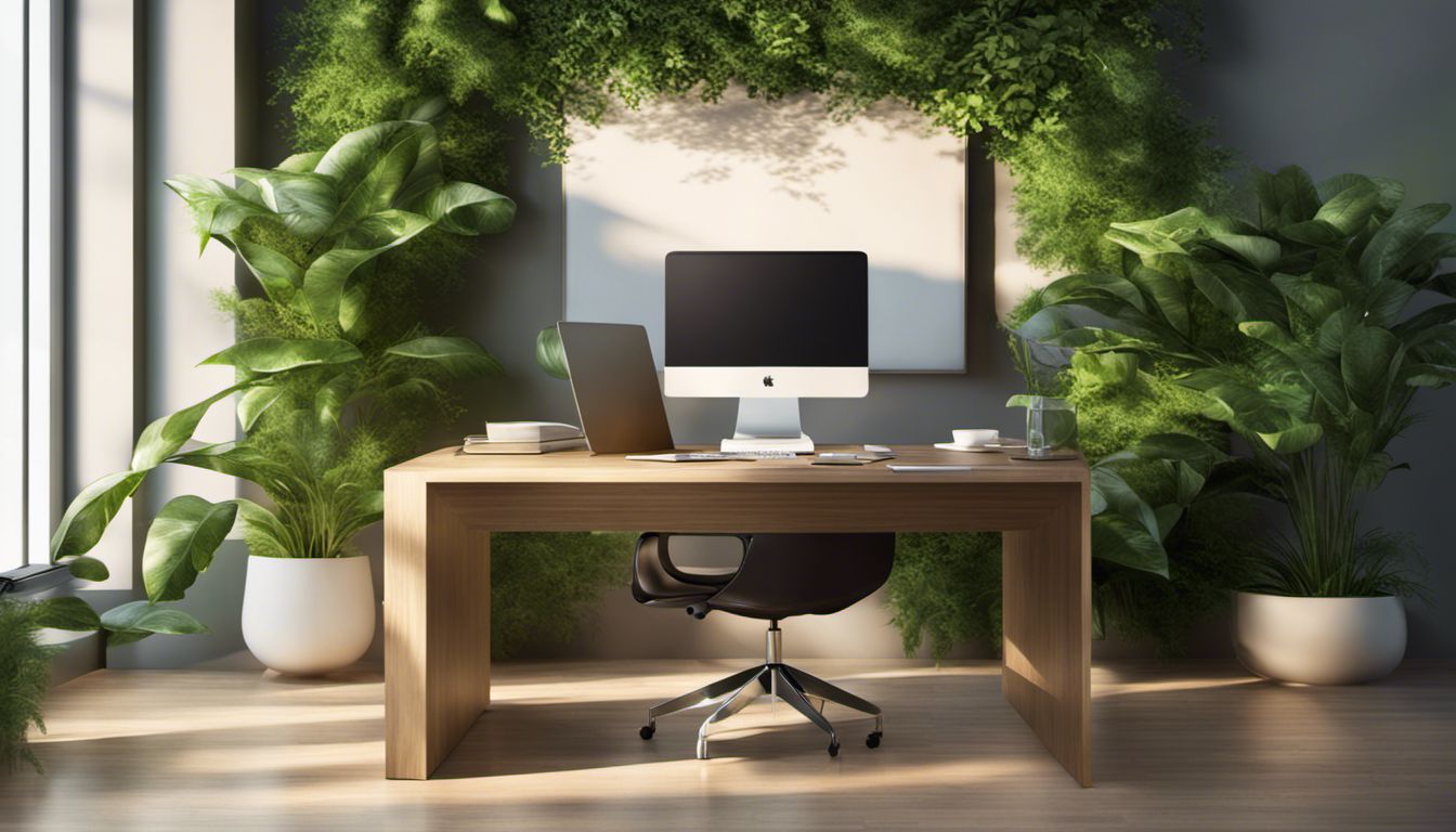A modern office desk with a computer, plants, and a nature-themed desktop background, highlighting the integration of technology and nature.