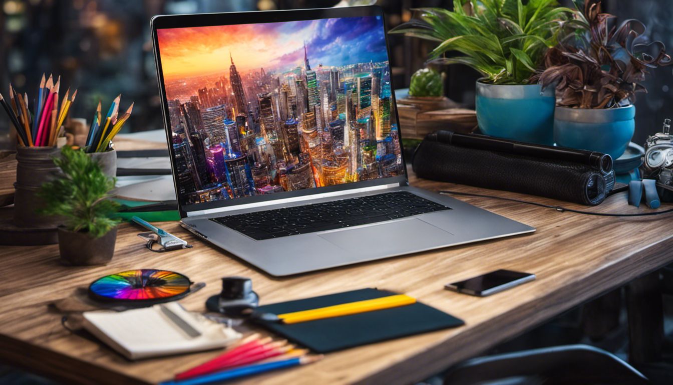 A laptop surrounded by artistic tools and a cityscape wallpaper symbolizes its potential for creative design.