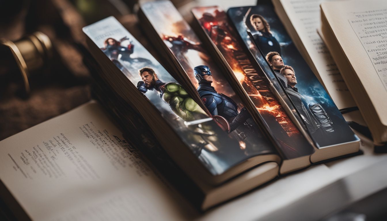 A stack of books surrounded by Avengers bookmarks showcasing various characters.