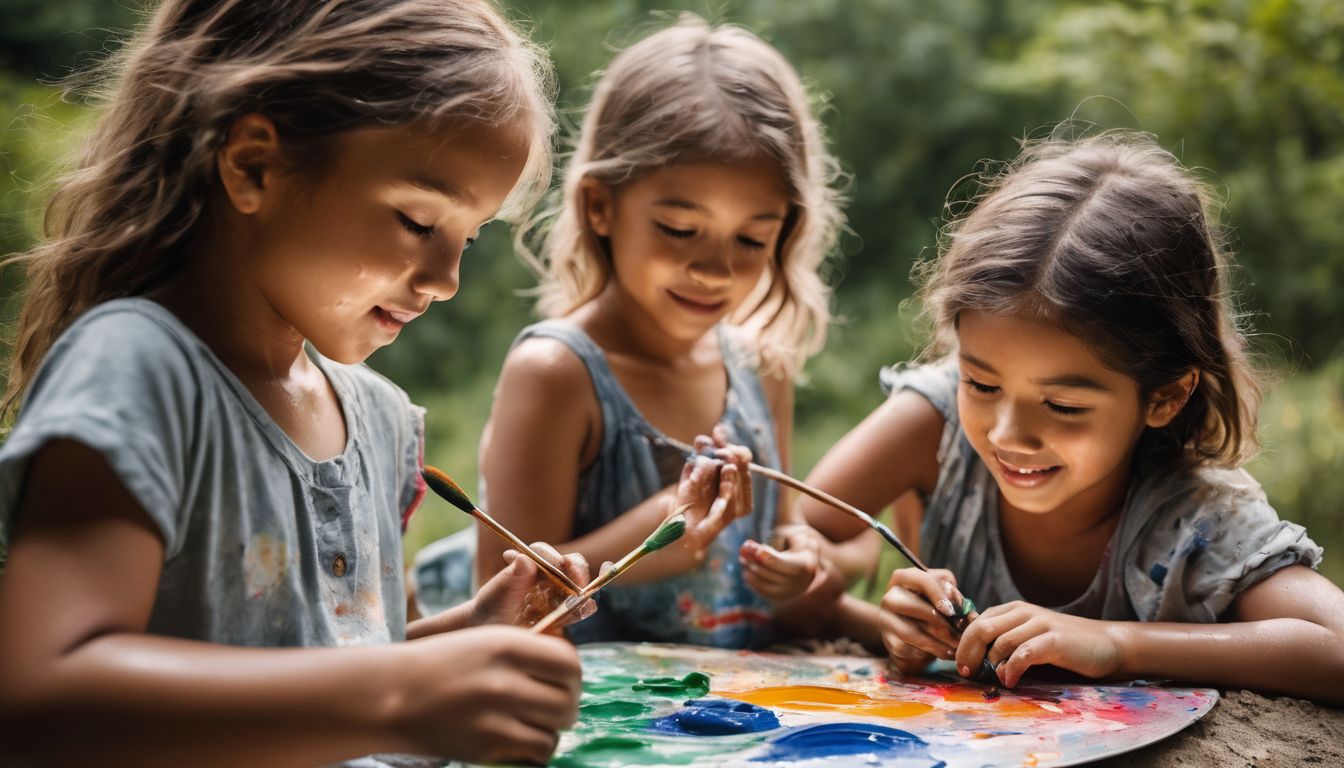 A group of children happily painting outdoors with bath paint.