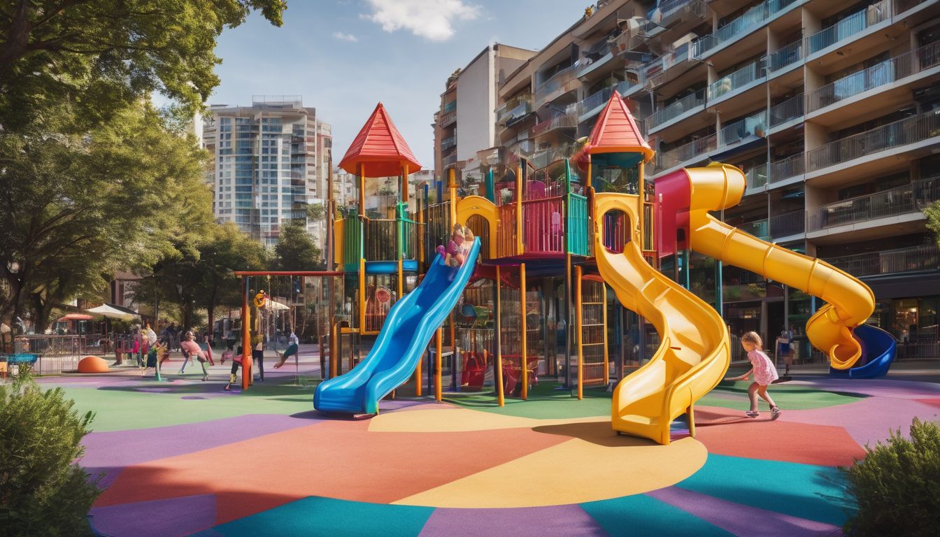 Children playing on a colorful playground in a bustling cityscape.