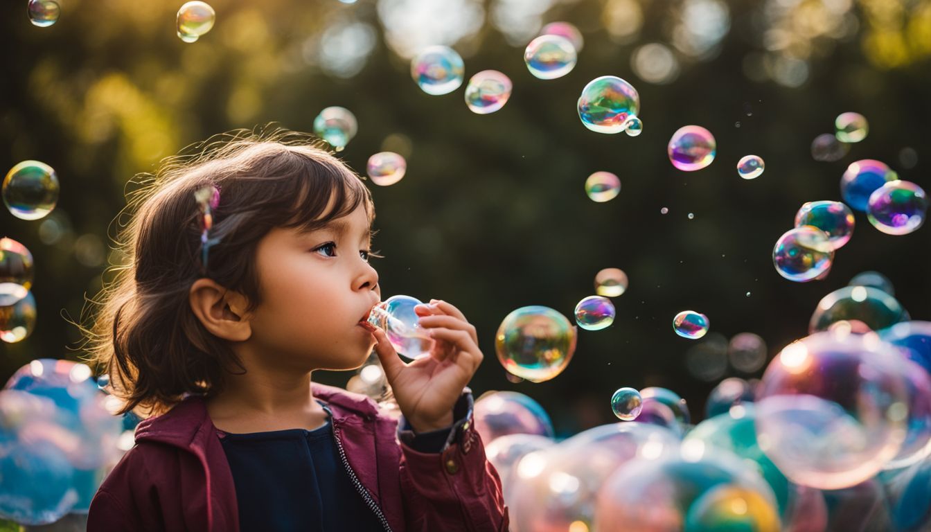 A child blowing bubbles at an outdoor bubble refill station.