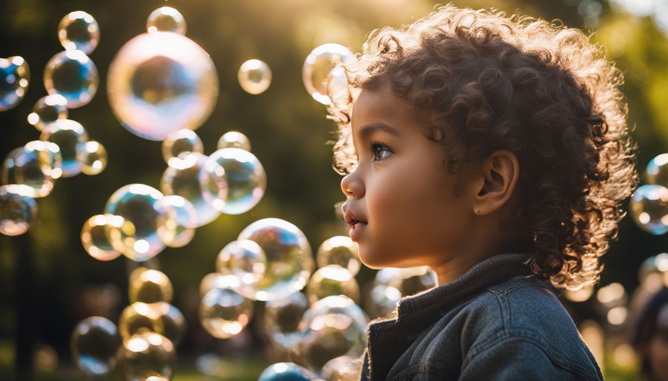 A child surrounded by bubbles in a sunny park.