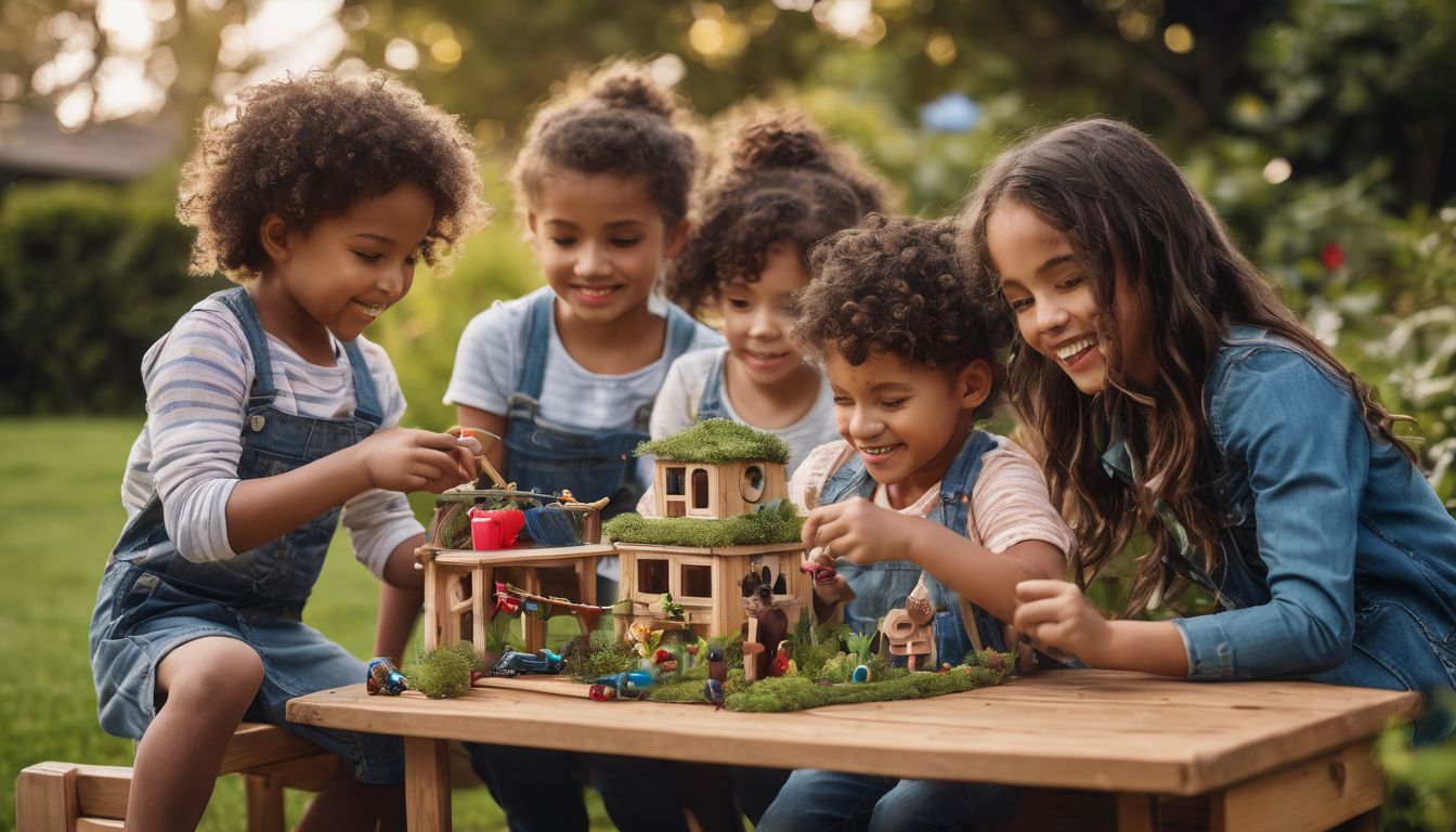A diverse group of children enjoying outdoor play in a vibrant backyard.