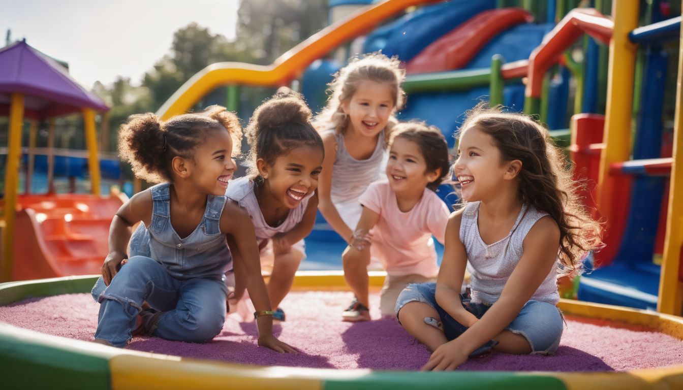 Children of various backgrounds playing together in a vibrant playground.