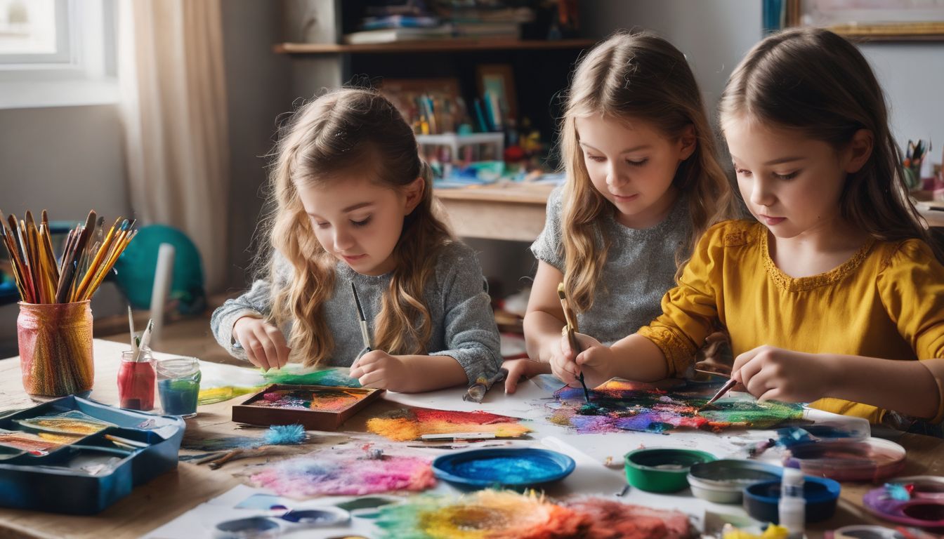 Children crafting together at a colorful table filled with art supplies.