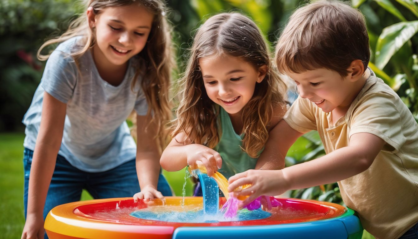 Children playing with a colorful water play table in a garden.