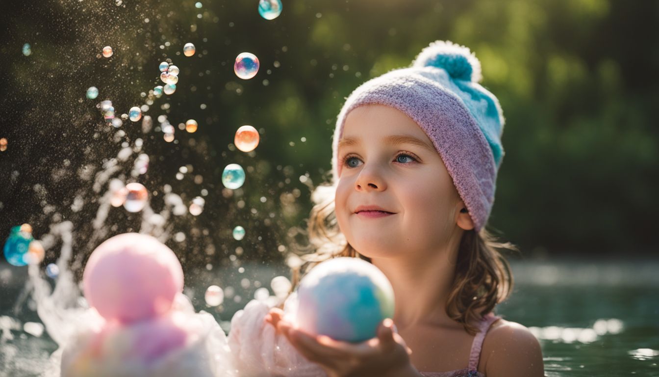 A child holds a homemade bath bomb with colorful fizzing bubbles.