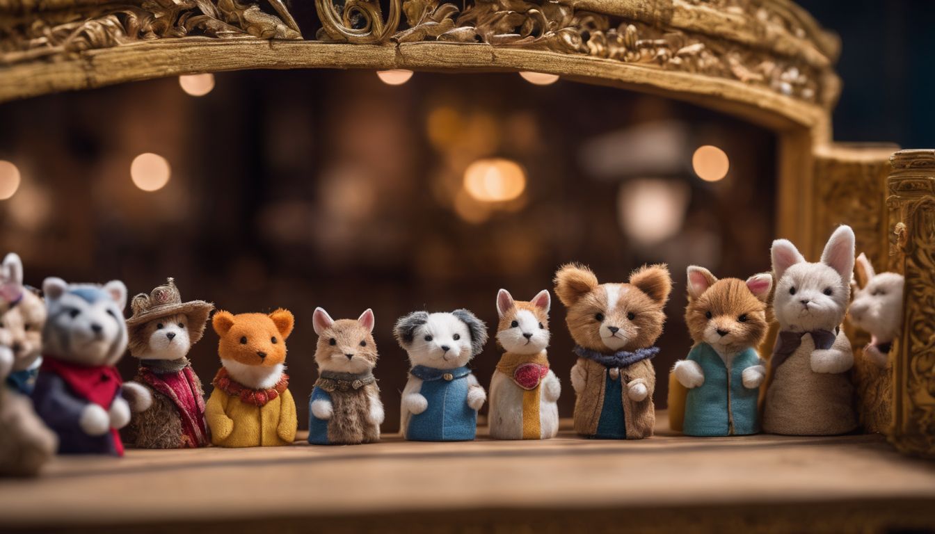 A group of colorful finger puppets staged in a miniature theater.