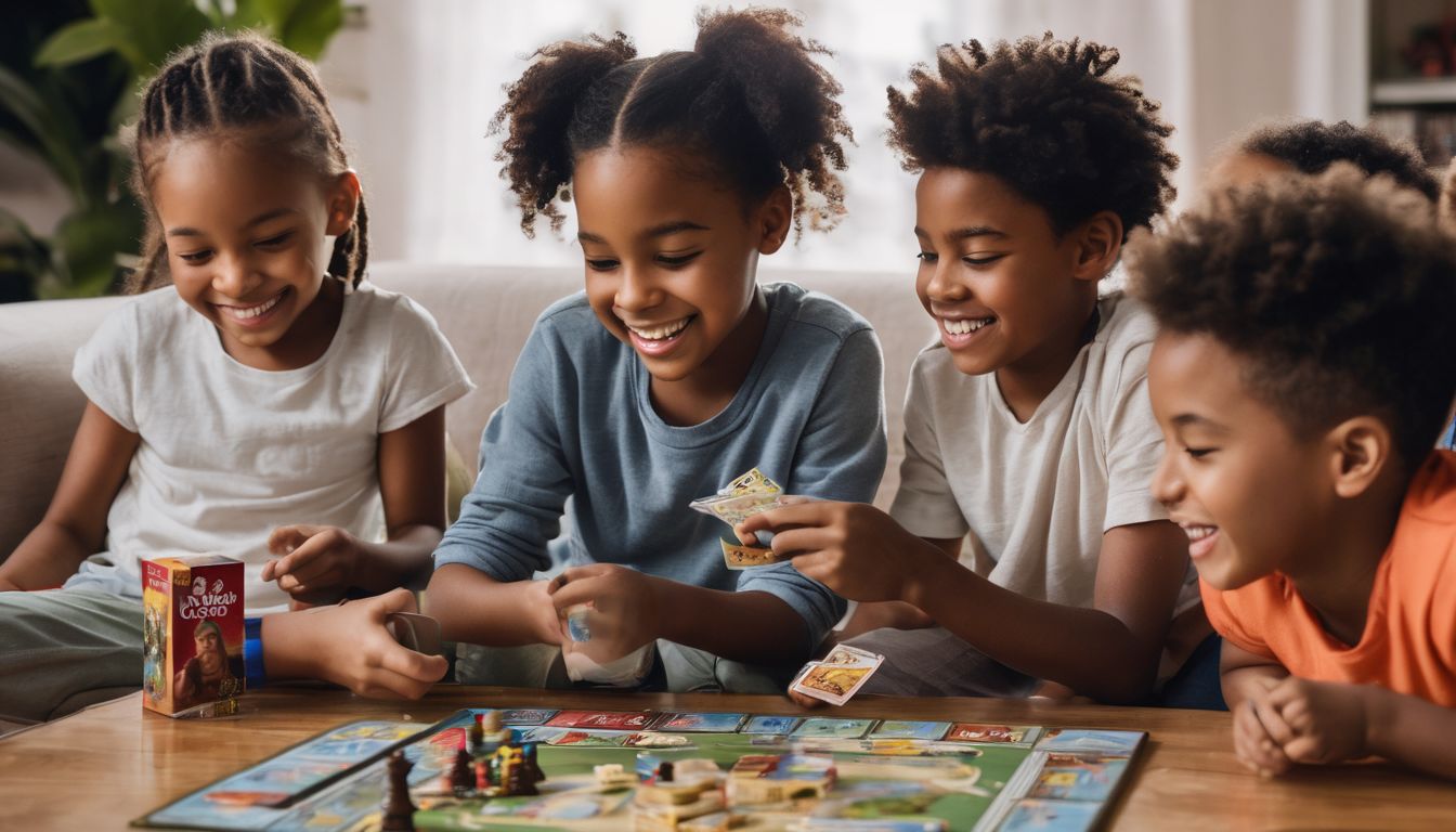 Children happily playing board games in a cozy living room surrounded by colorful game boxes and snacks.