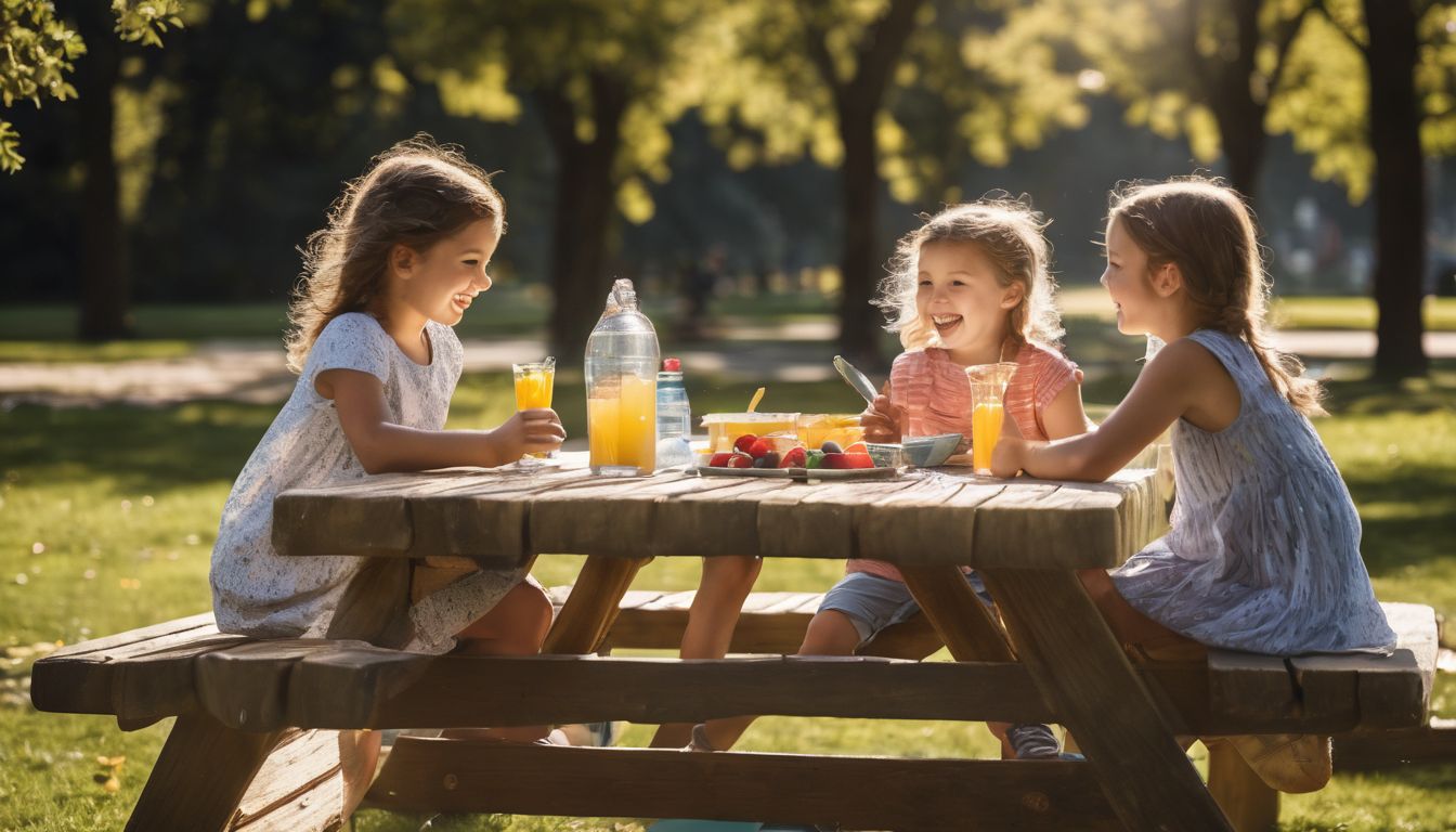 Children having fun at a picnic table in a sunny park.