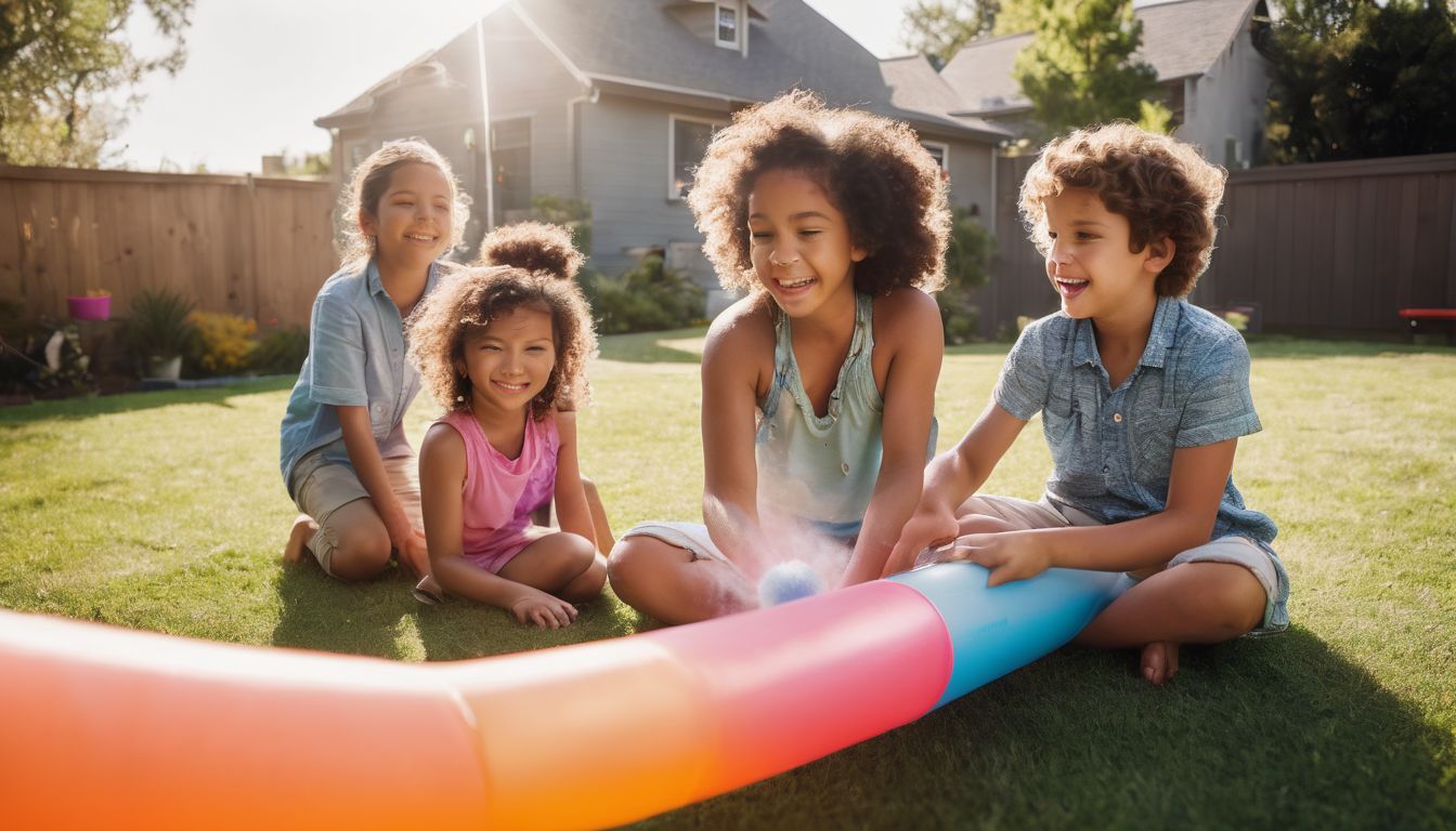 A diverse group of children playing with a pool noodle pom-pom launcher.