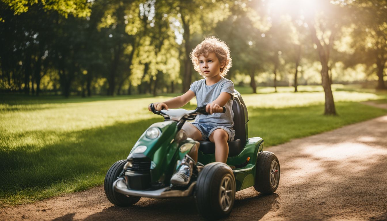 A child rides a toy car through a park with greenery.