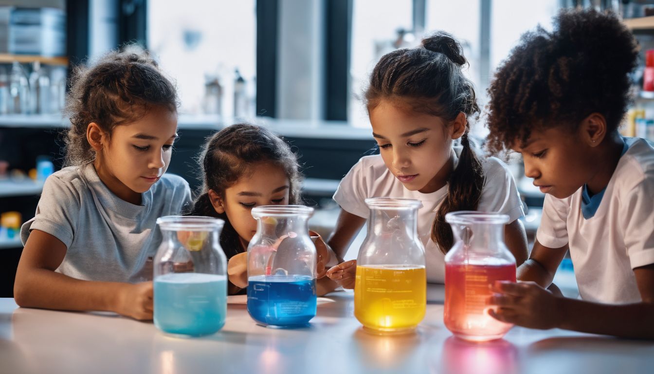 Children conducting a science experiment in a vibrant laboratory setting.