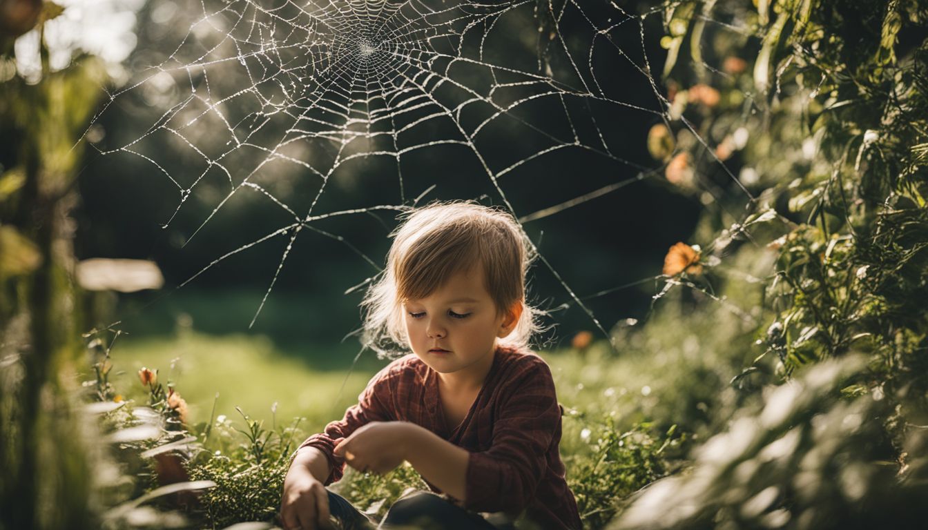 A child explores a garden and discovers intricate spider webs.
