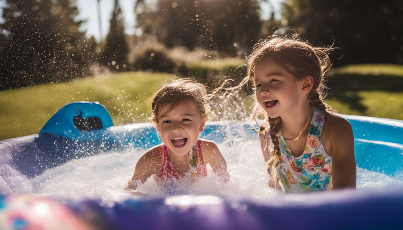 Kids enjoying colorful water slides and sprinklers in a sunny backyard.