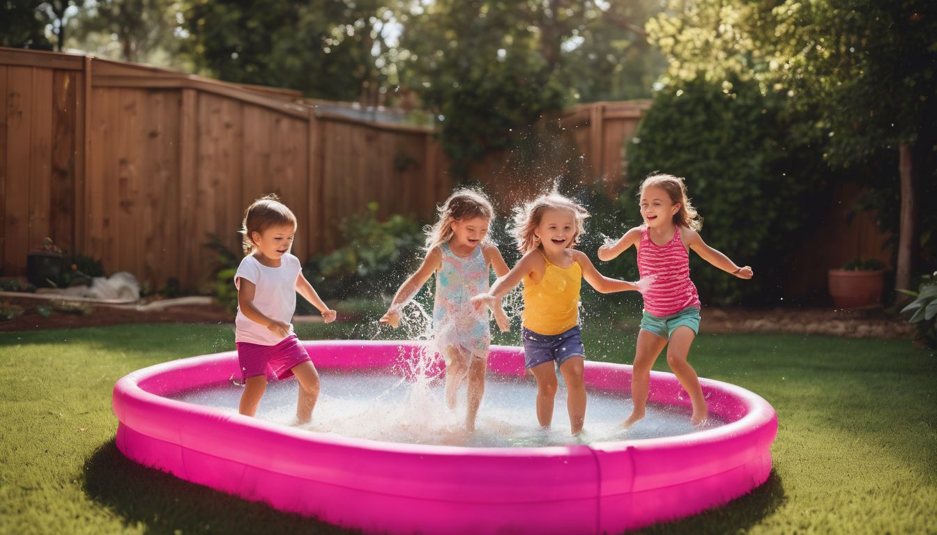 Children playing and splashing in a colorful water table in a backyard.