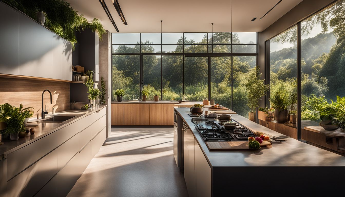 A sunlit kitchen with a view of a lush garden through a large window.