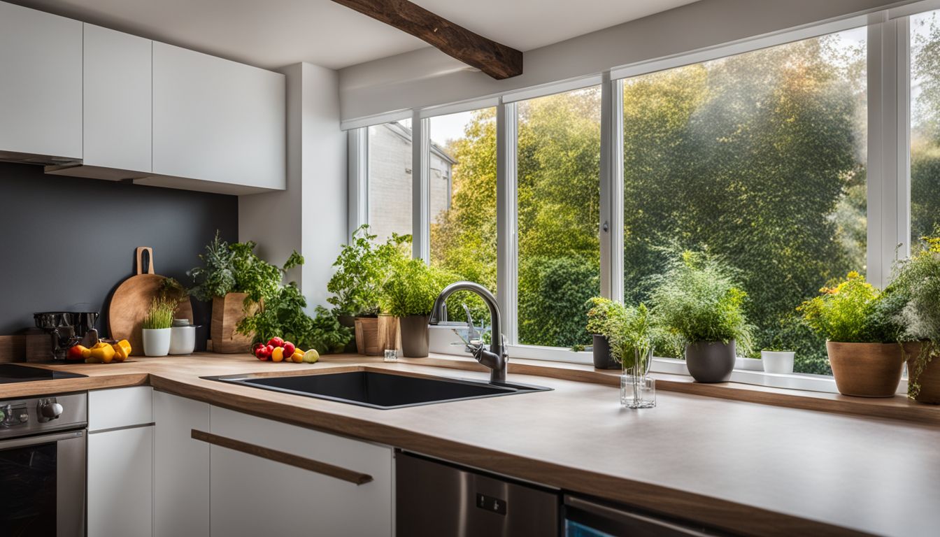 A vibrant outdoor garden viewed through kitchen windows over the sink.