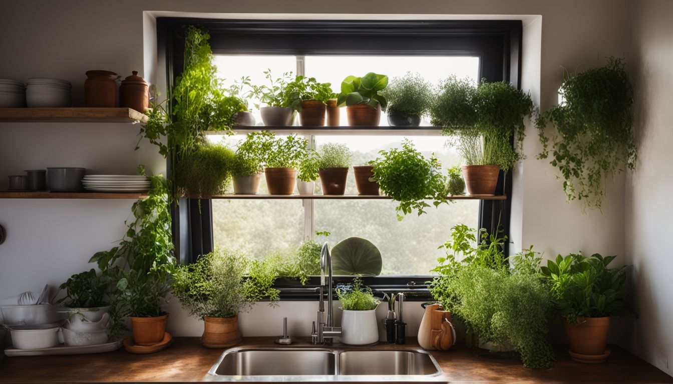 A kitchen window with herbs and various detailed elements.