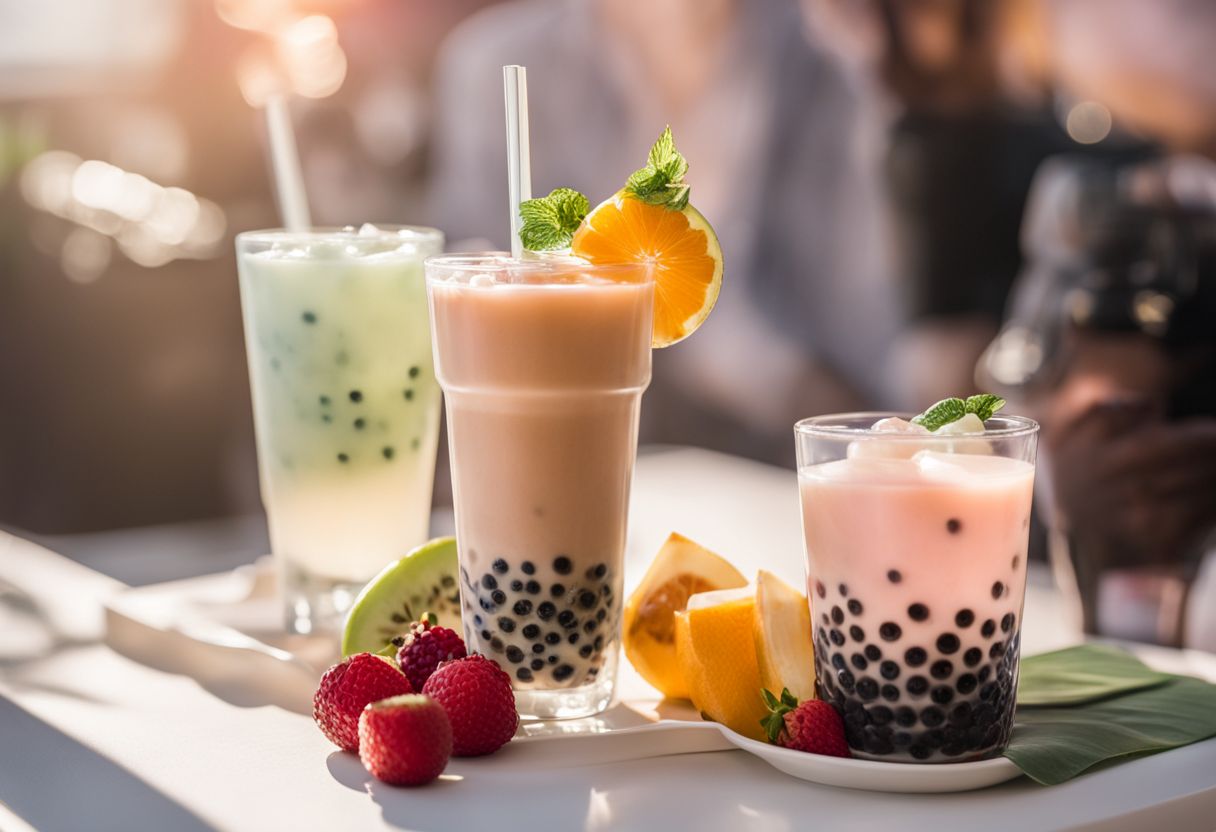 A photo of a glass of bubble tea with a crystal boba topping surrounded by vibrant tropical fruits and people.