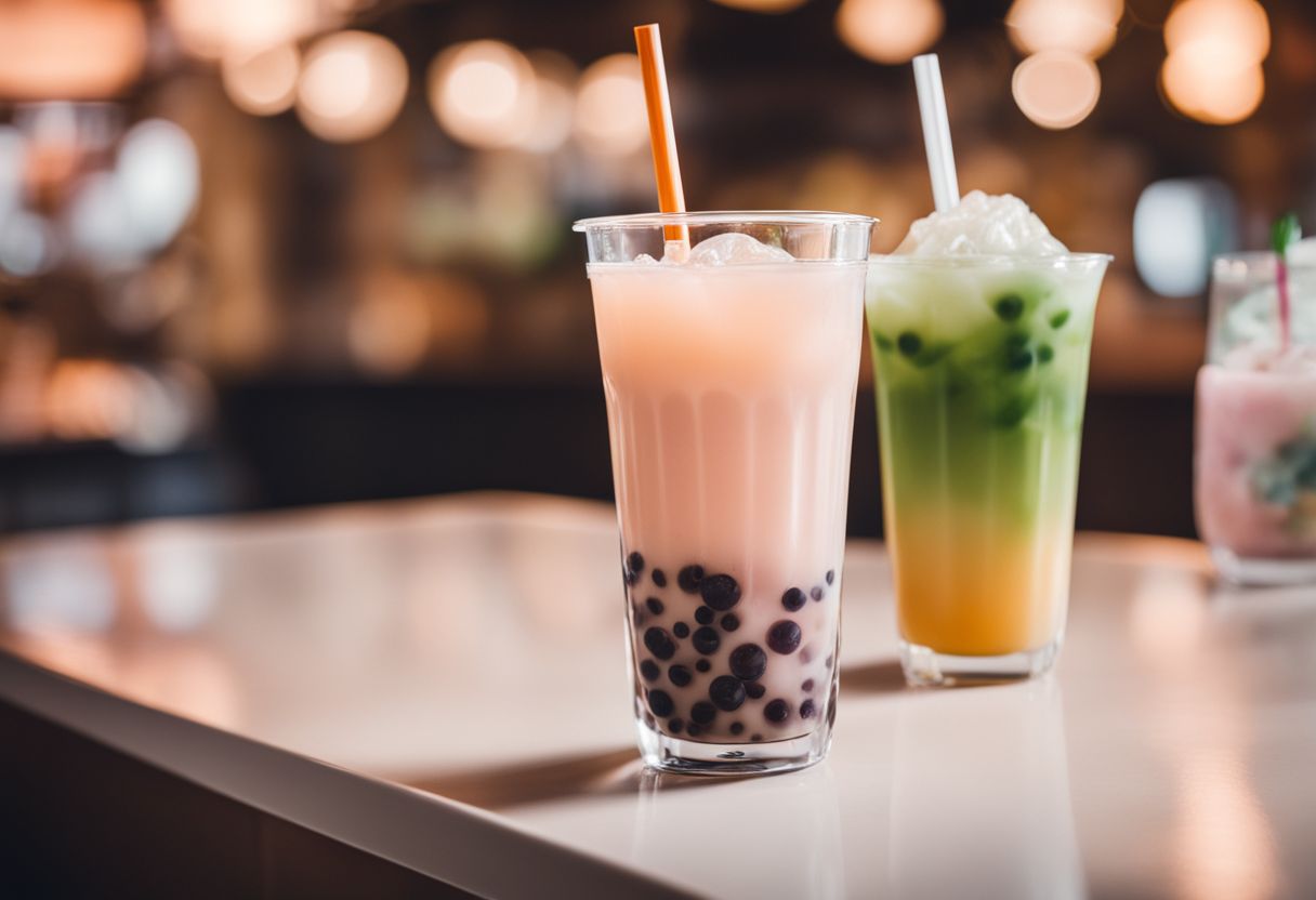 A close-up photo of a refreshing bubble tea drink with crystal boba surrounded by colorful ingredients in a bustling atmosphere.