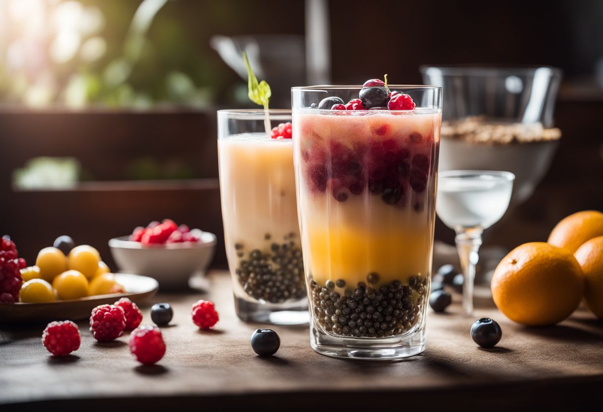 A vibrant and refreshing display of boba pearl-filled drinks surrounded by fruits and ingredients.