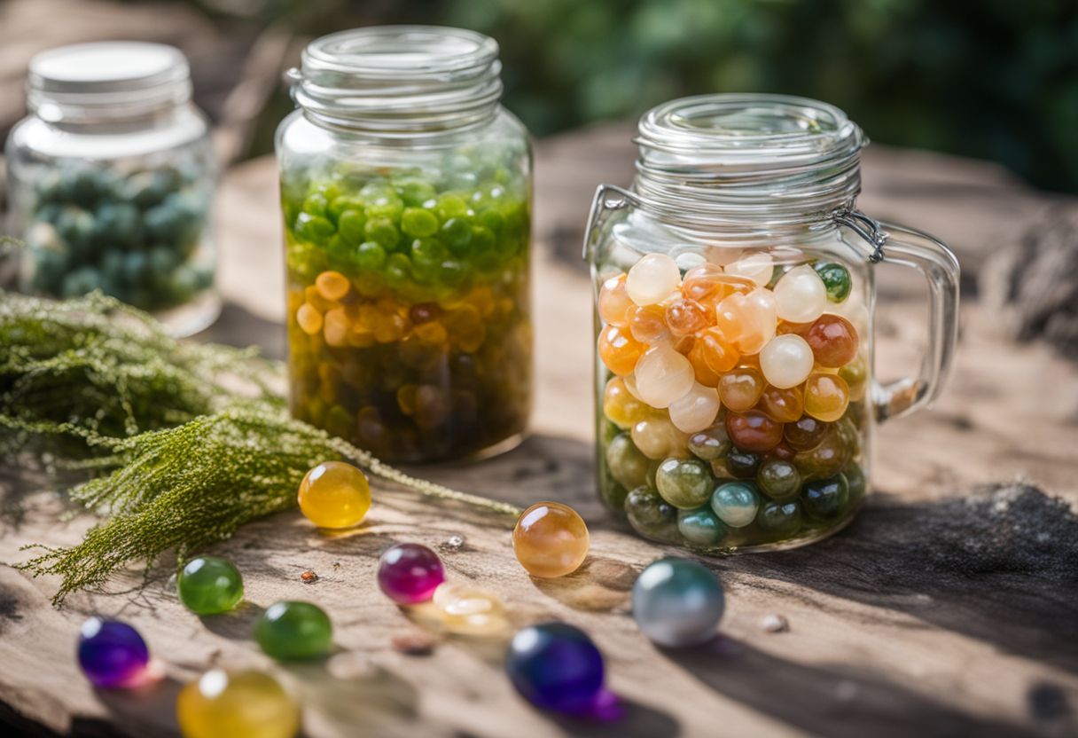 Colorful agar boba pearls and seaweed in a vibrant glass jar.