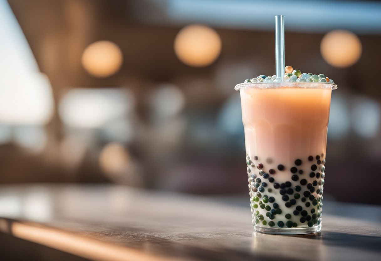 A glass of bubble tea filled with colorful tapioca pearls and crystal boba.