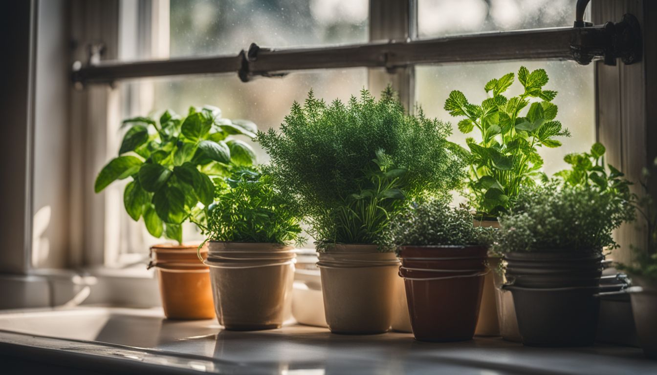 A pair of potted herbs on a windowsill above a kitchen sink.