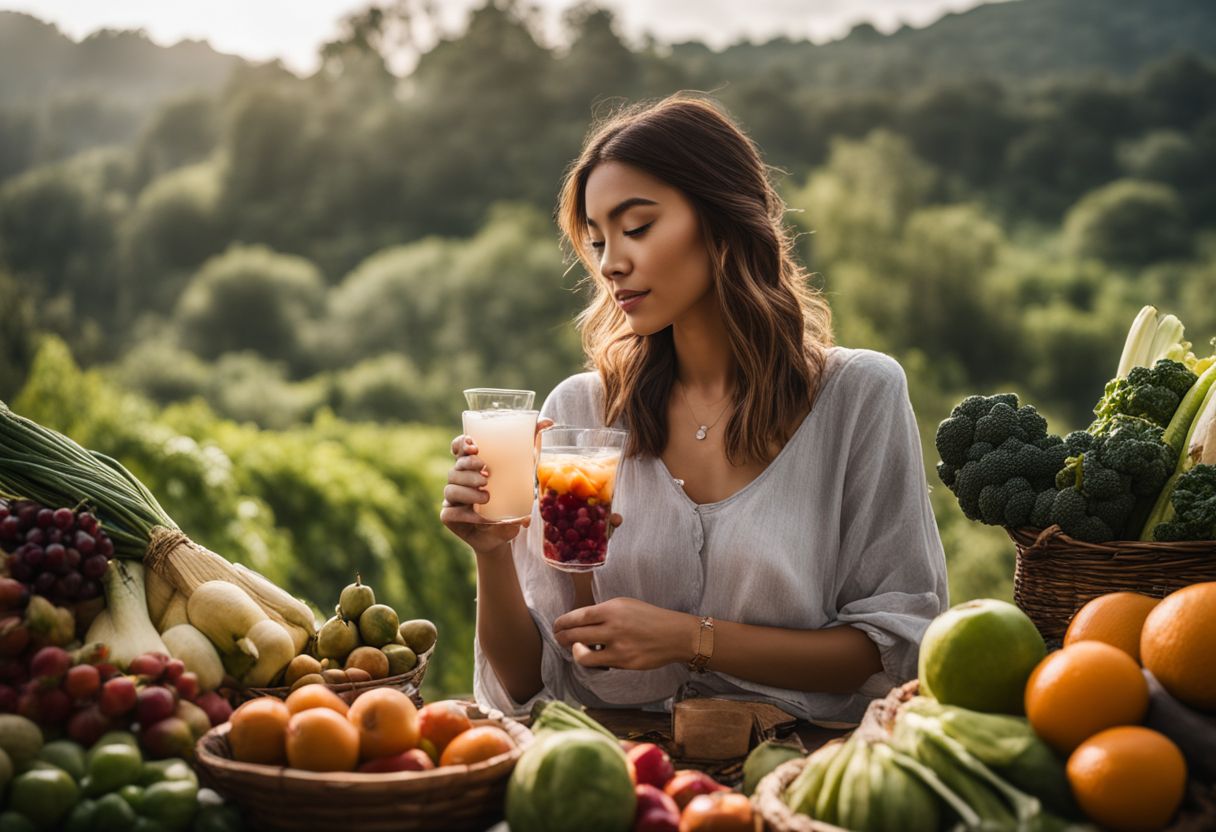 A woman holds a cup of crystal boba surrounded by vibrant fruits and vegetables.