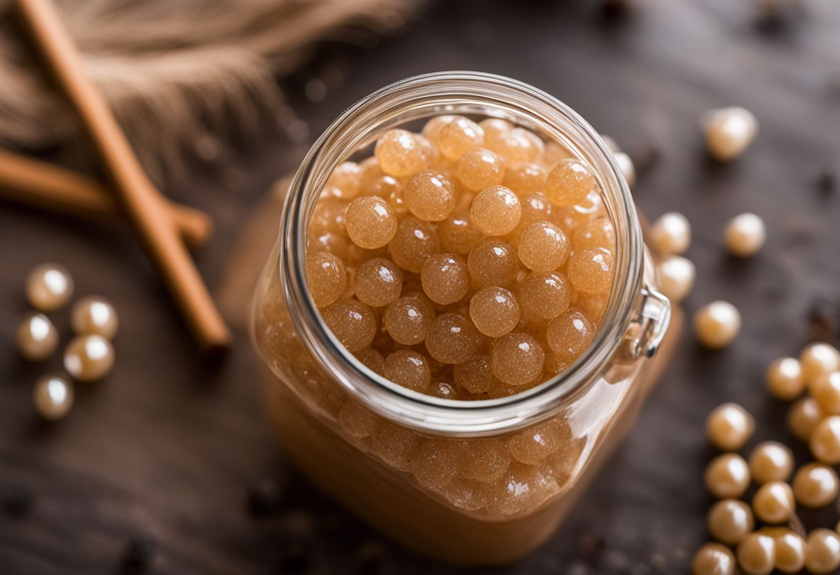 A close-up shot of brown sugar crystal boba surrounded by tapioca pearls.